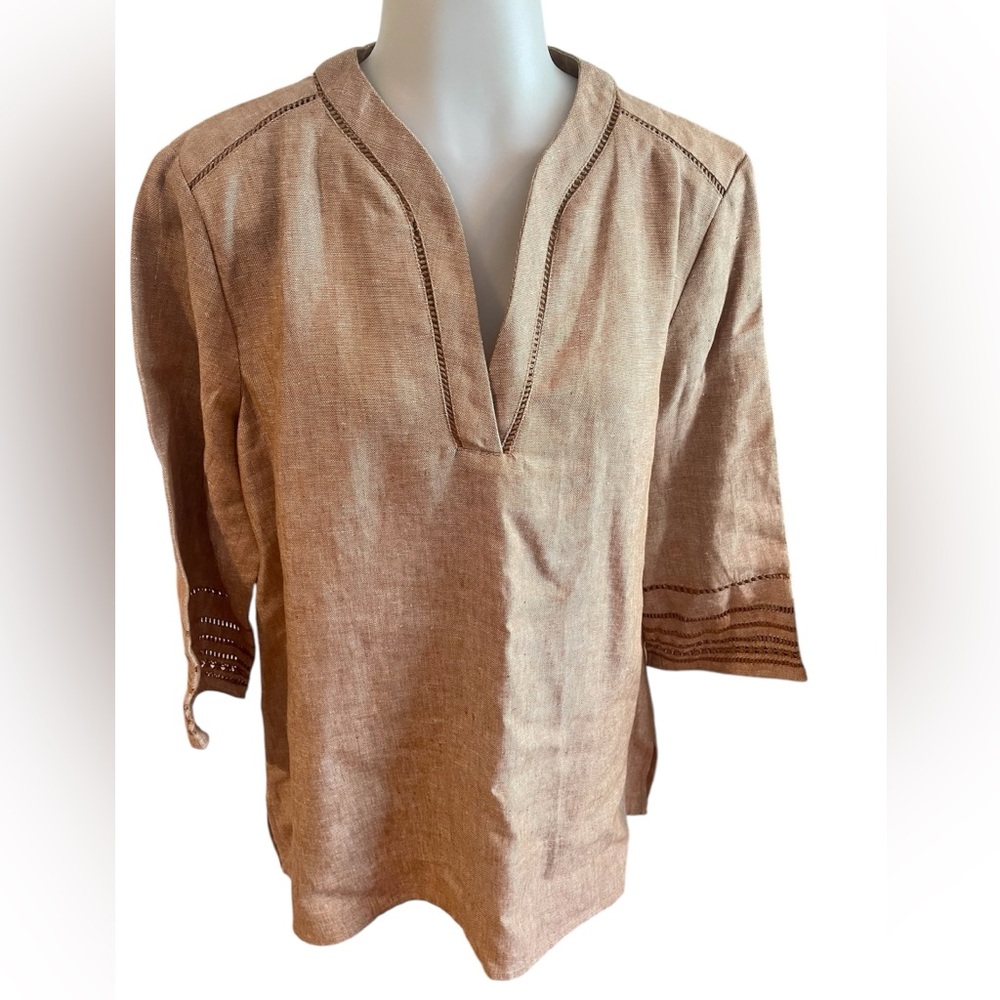 db Life Women’s Tan Linen 3/4 length sleeve Beachy Tunic Top SZ L
